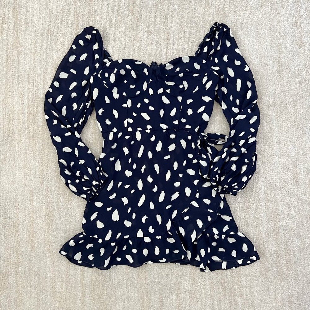 Reformation Cammi Long Sleeve Wrap Mini Dress in Blue Splatter Print 12